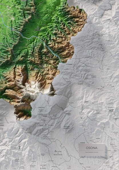 Mapa de relieve de Osona, con el territorio en color y el entorno en blanco. Detalle de la zona inferior derecha. 70 × 100 cm. Estilo Clásico.
