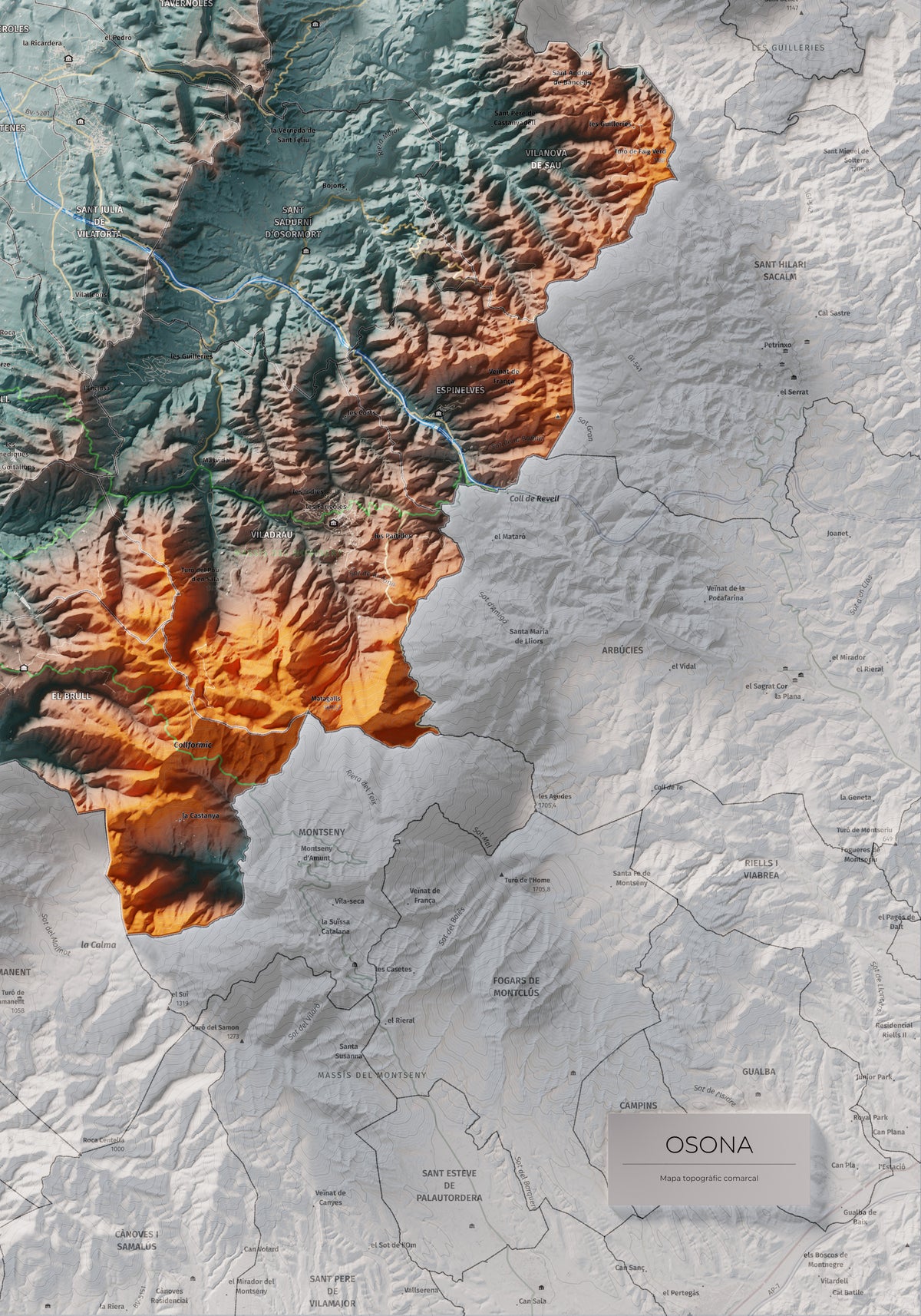 Mapa de relieve de Osona, con el territorio en color y el entorno en blanco. Detalle de la zona inferior derecha. 70 × 100 cm. Estilo Azul y naranja.