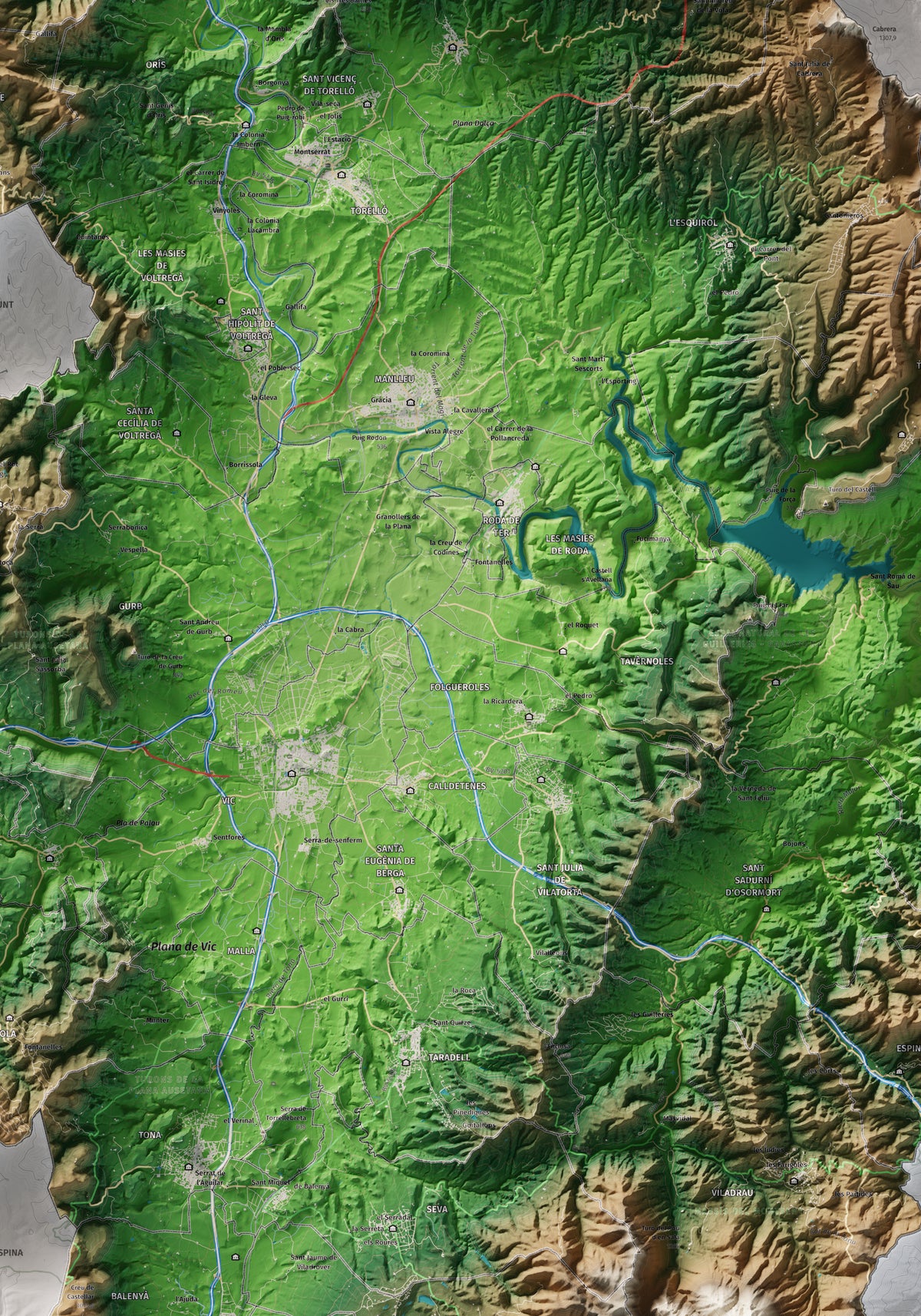 Mapa de relieve de Osona, con el territorio en color y el entorno en blanco. Detalle de la zona central. 70 × 100 cm. Estilo Clásico.
