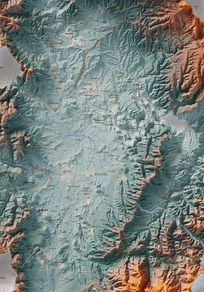 Mapa de relieve de Osona, con el territorio en color y el entorno en blanco. Detalle de la zona central. 70 × 100 cm. Estilo Azul y naranja.