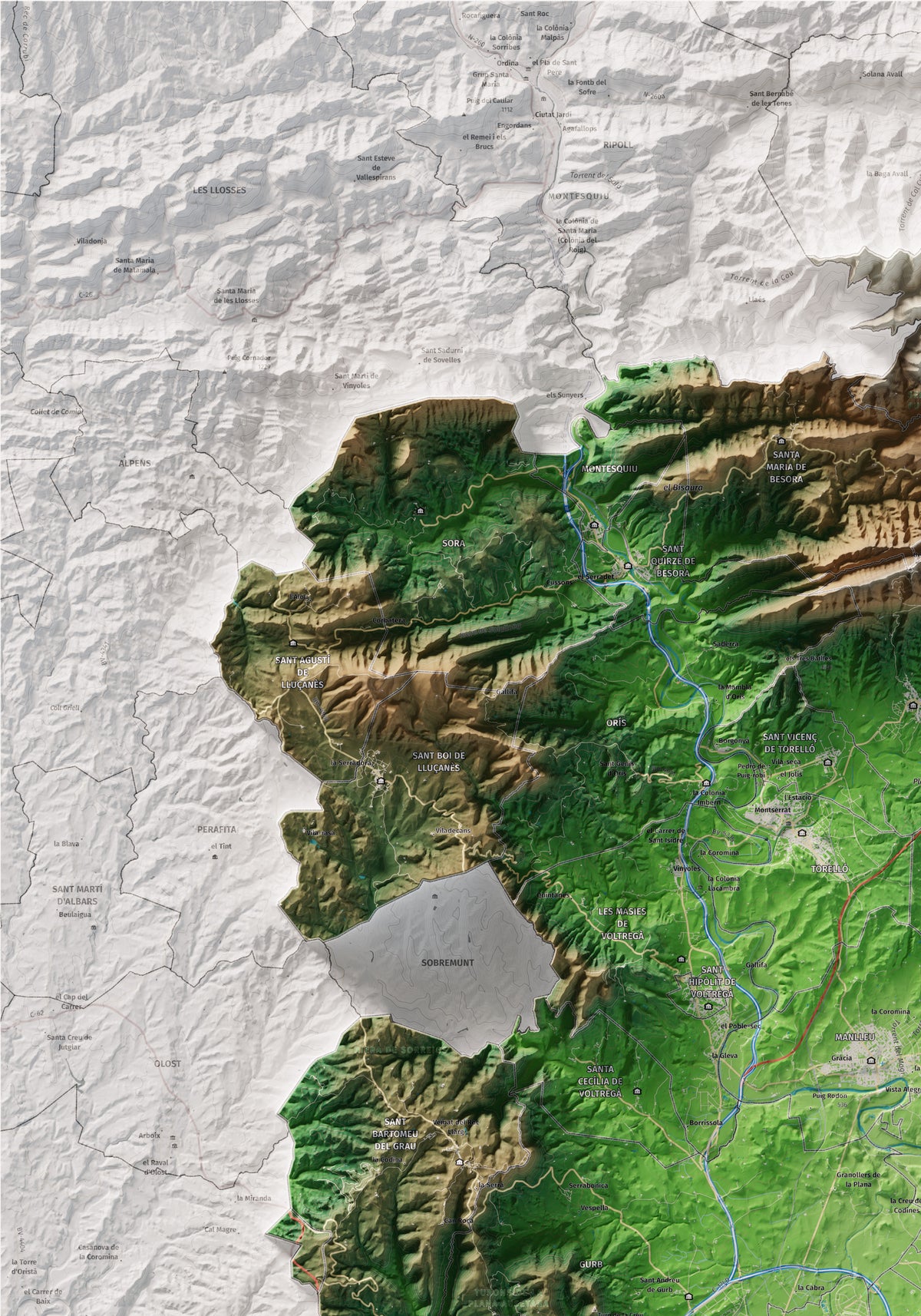 Mapa de relieve de Osona, con el territorio en color y el entorno en blanco. Detalle de la zona superior izquierda. 70 × 100 cm. Estilo Clásico.