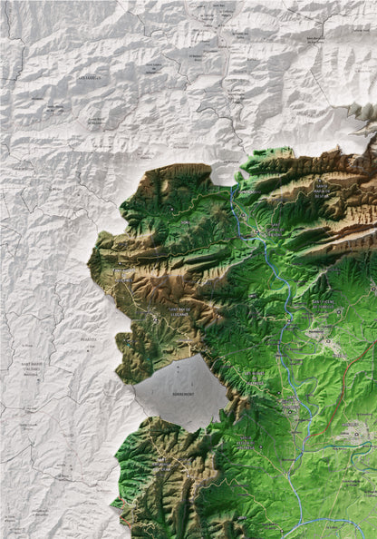 Mapa de relieve de Osona, con el territorio en color y el entorno en blanco. Detalle de la zona superior izquierda. 70 × 100 cm. Estilo Clásico.