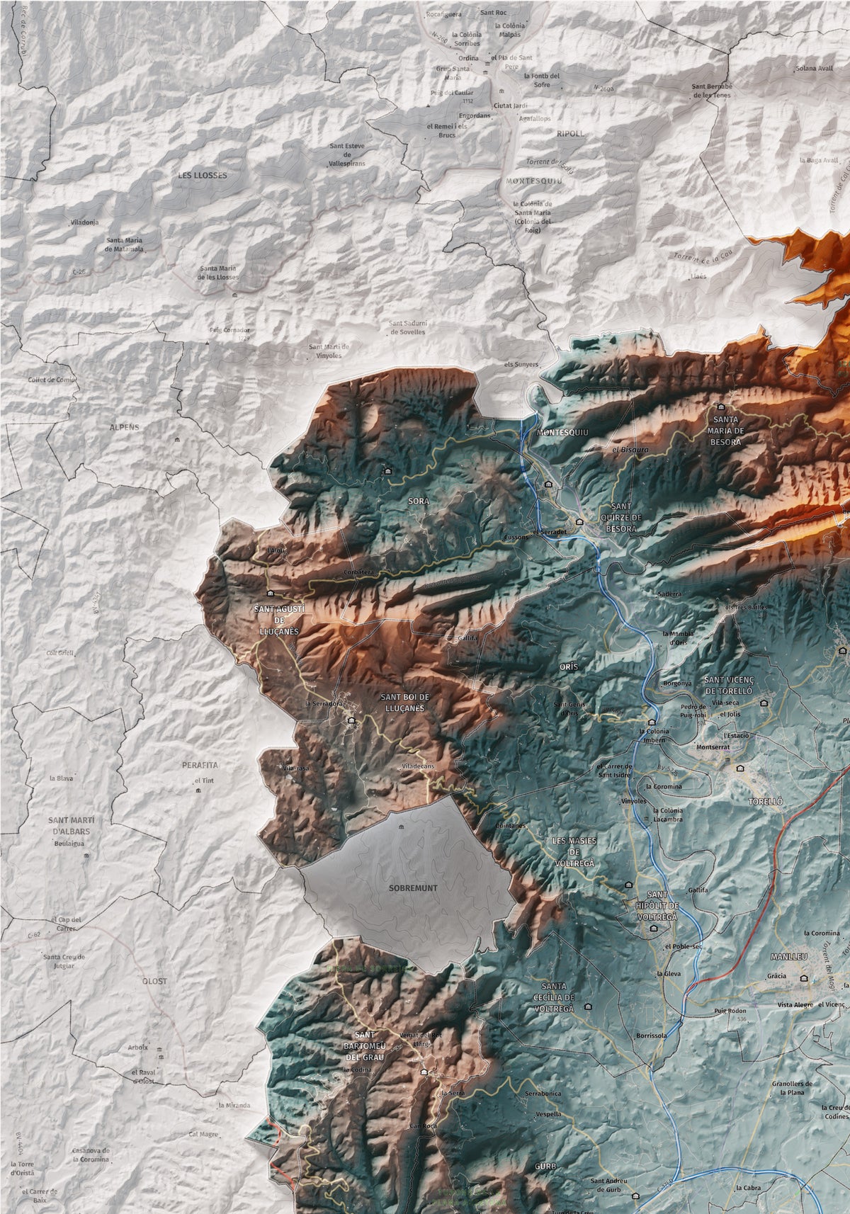 Mapa de relieve de Osona, con el territorio en color y el entorno en blanco. Detalle de la zona superior izquierda. 70 × 100 cm. Estilo Azul y naranja.