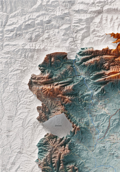 Mapa de relieve de Osona, con el territorio en color y el entorno en blanco. Detalle de la zona superior izquierda. 70 × 100 cm. Estilo Azul y naranja.