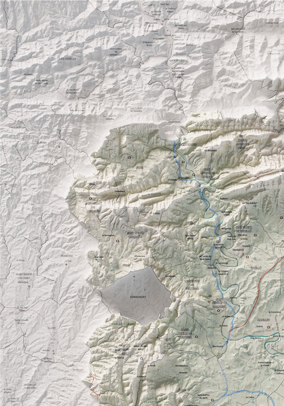 Mapa de relieve de Osona, con el territorio en color y el entorno en blanco. Detalle de la zona superior izquierda. 70 × 100 cm. Estilo Cartográfico.