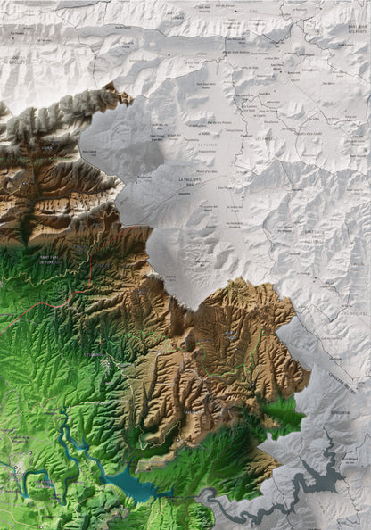 Mapa de relieve de Osona, con el territorio en color y el entorno en blanco. Detalle de la zona superior derecha. 70 × 100 cm. Estilo Clásico.