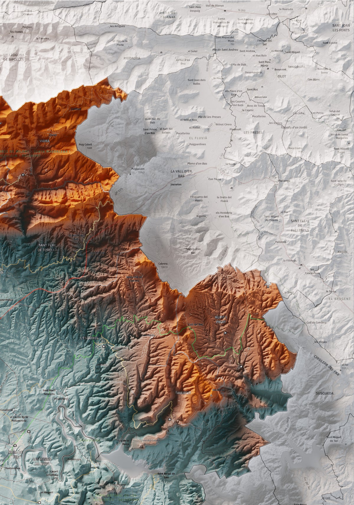 Mapa de relieve de Osona, con el territorio en color y el entorno en blanco. Detalle de la zona superior derecha. 70 × 100 cm. Estilo Azul y naranja.