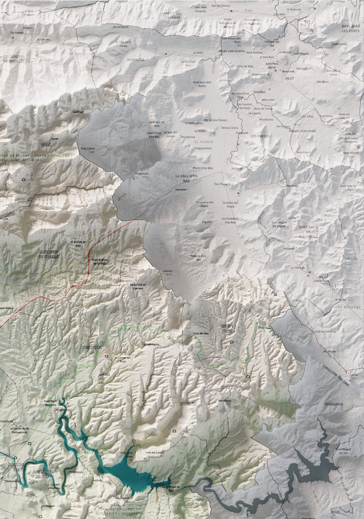 Mapa de relieve de Osona, con el territorio en color y el entorno en blanco. Detalle de la zona superior derecha. 70 × 100 cm. Estilo Cartográfico.