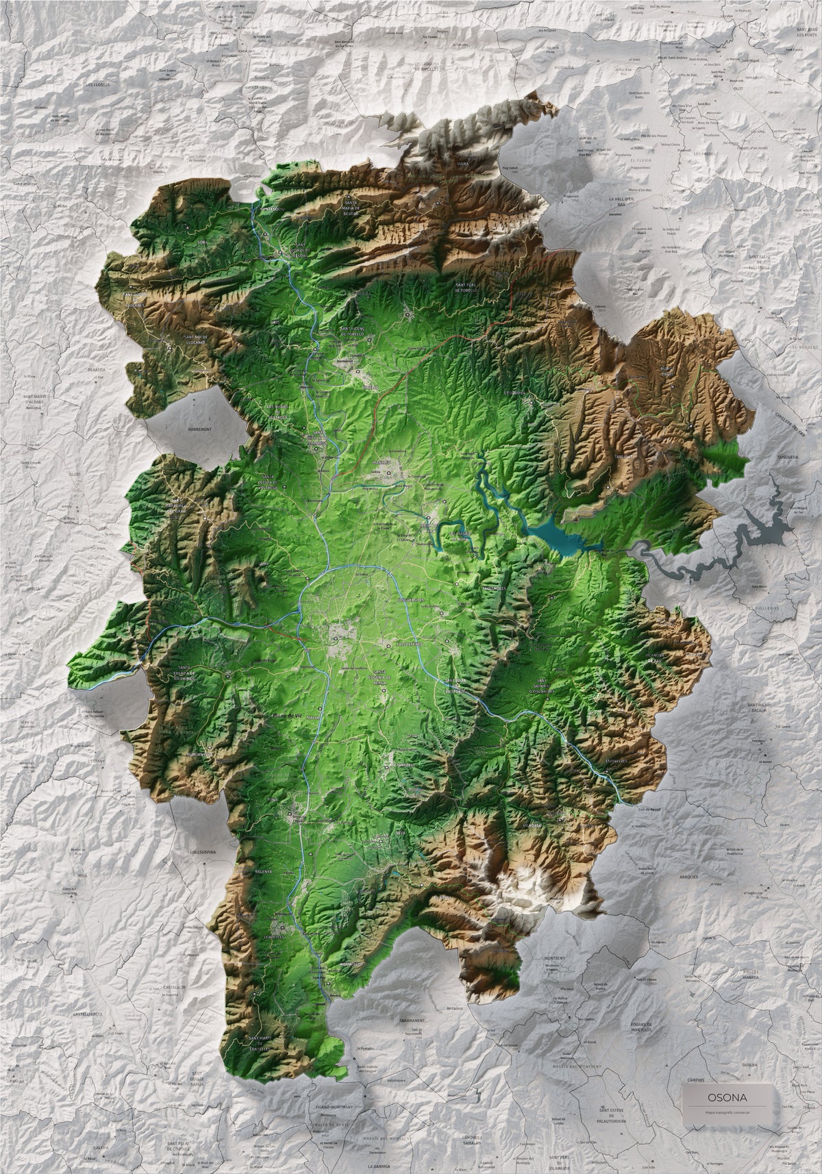 Mapa de relieve de Osona, con el territorio en color y el entorno en blanco. Vista completa de la lámina. 70 × 100 cm. Estilo Clásico.