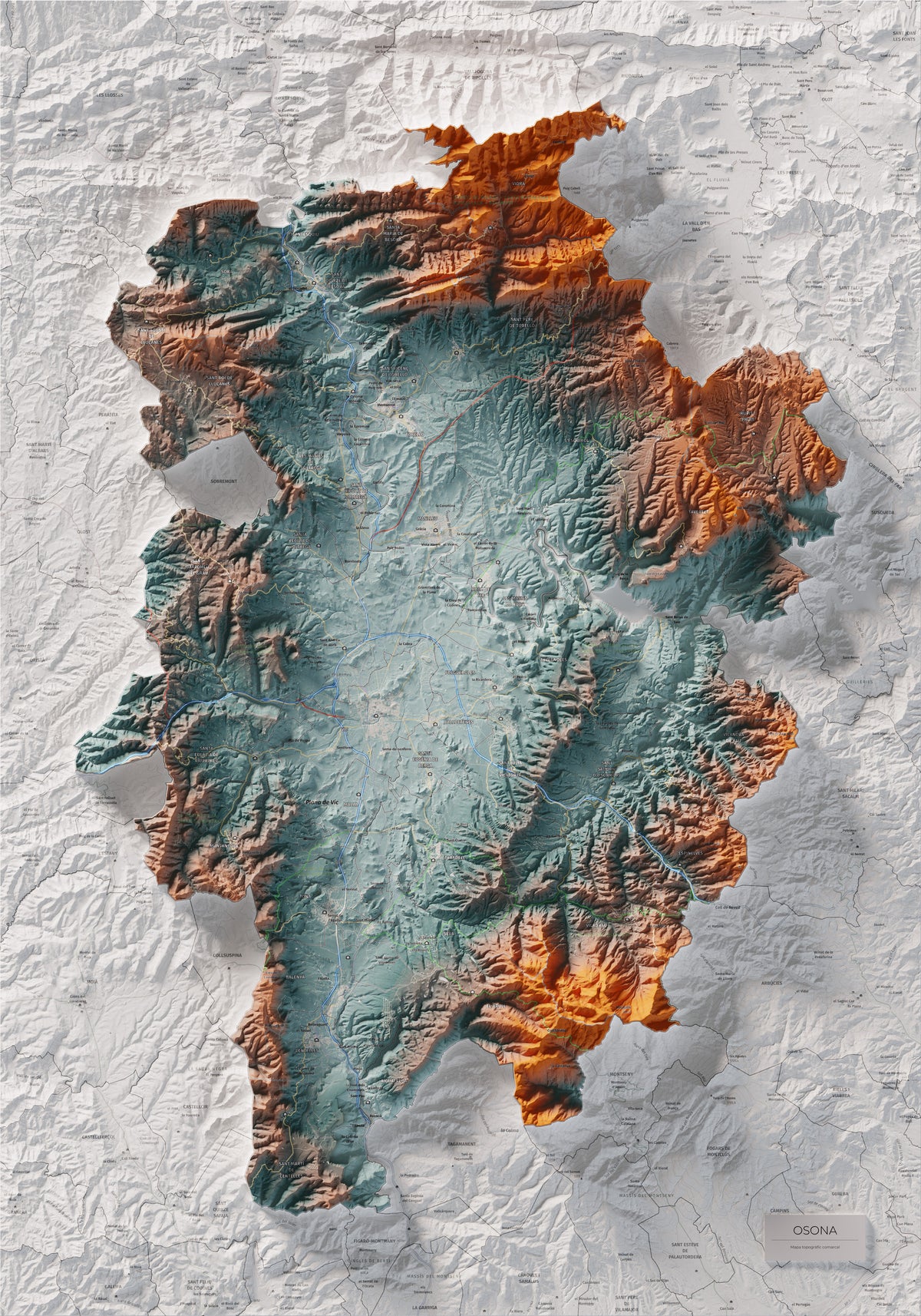 Mapa de relieve de Osona, con el territorio en color y el entorno en blanco. Vista completa de la lámina. 70 × 100 cm. Estilo Azul y naranja.