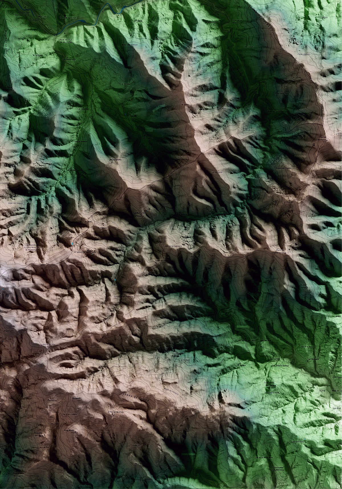Mapa artístico del relieve de Osor, a la Selva, con 15 km de entorno y base topográfica ICGC. Detalle de la zona inferior derecha.