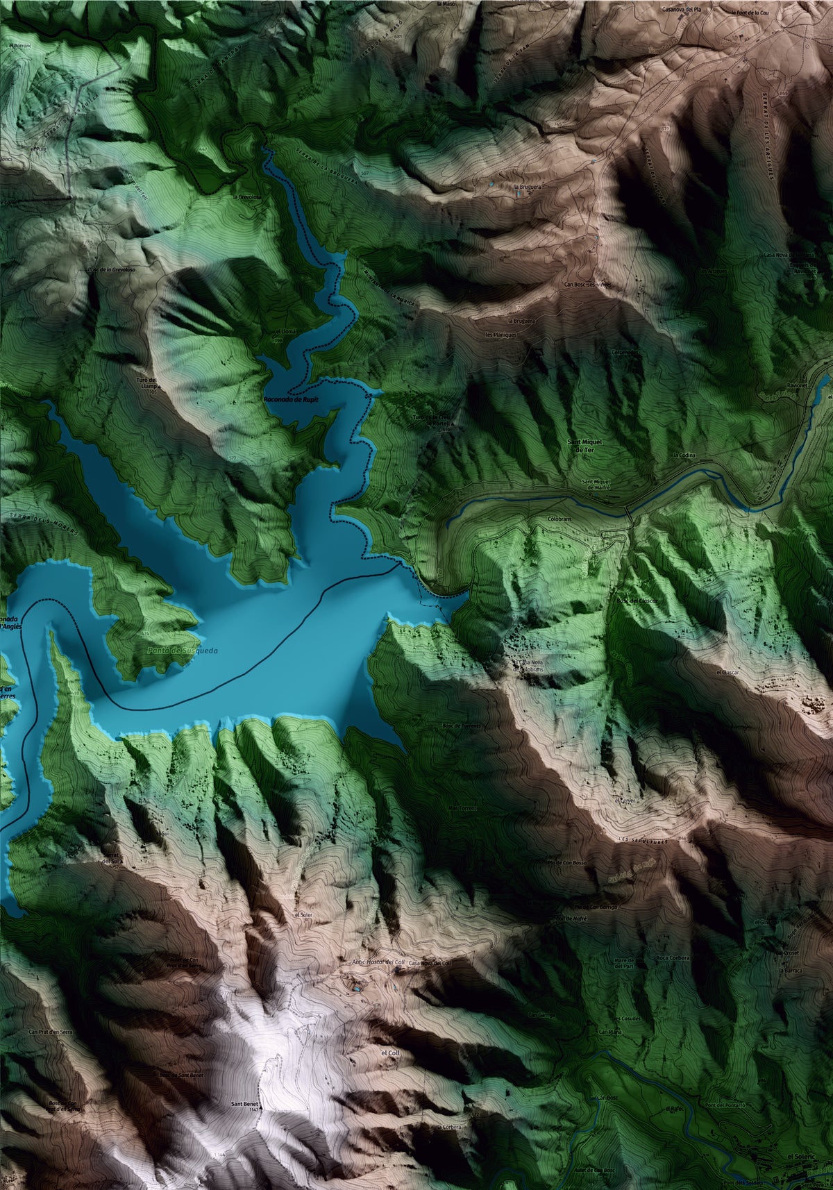 Mapa artístico del relieve de Osor, a la Selva, con 15 km de entorno y base topográfica ICGC. Detalle de la zona superior izquierda.