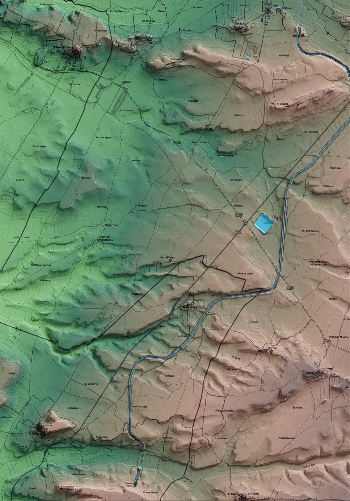 Mapa artístico del relieve de Ossó de Sió, al Urgell, con 15 km de entorno y base topográfica ICGC. Detalle de la zona inferior derecha.