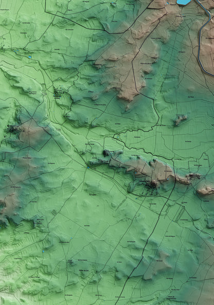 Mapa artístico del relieve de Ossó de Sió, al Urgell, con 15 km de entorno y base topográfica ICGC. Detalle de la zona central.