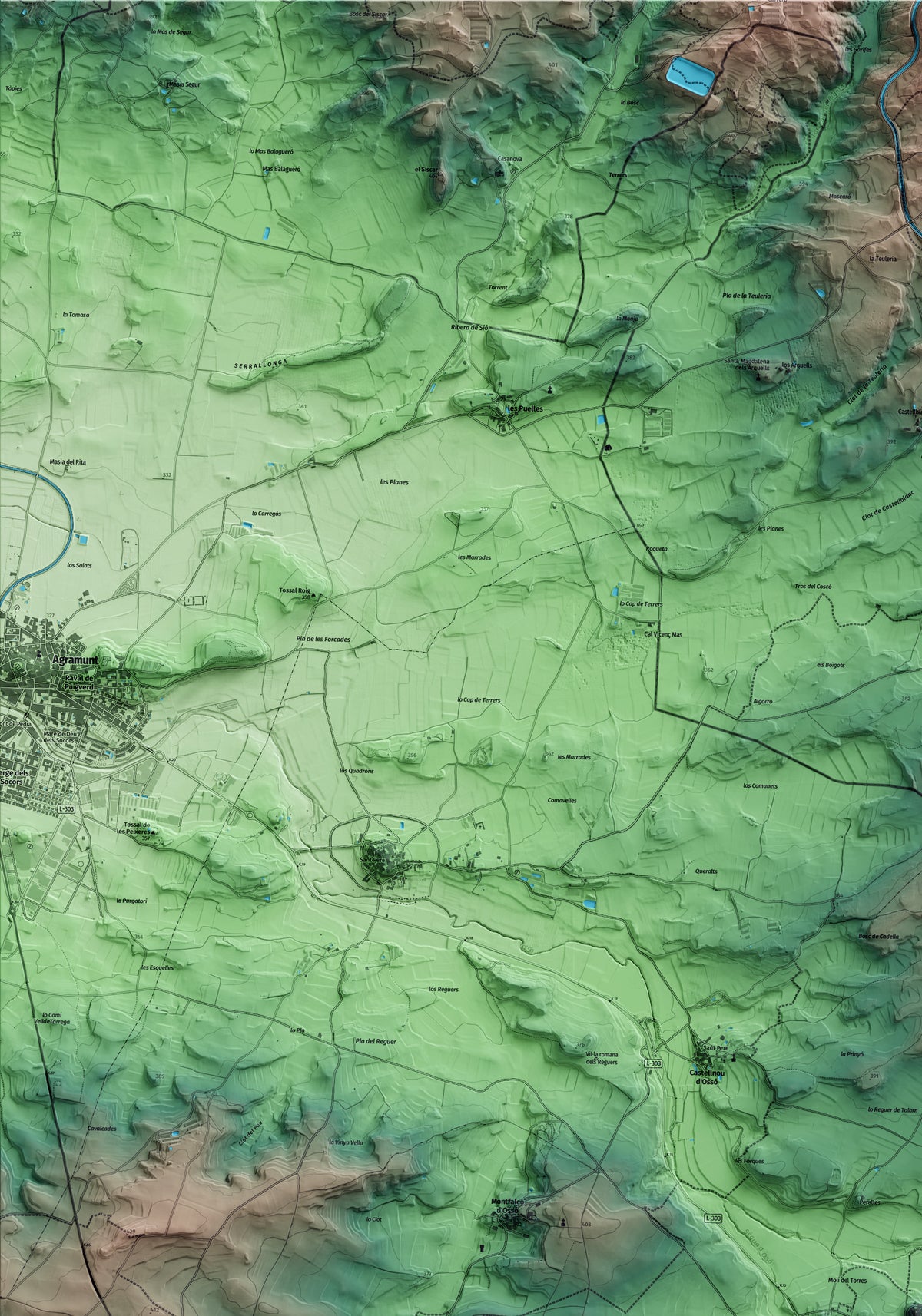 Mapa artístico del relieve de Ossó de Sió, al Urgell, con 15 km de entorno y base topográfica ICGC. Detalle de la zona superior izquierda.
