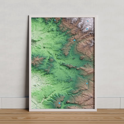 Mapa artístico del relieve de Ossó de Sió, al Urgell, con 15 km de entorno y base topográfica ICGC. Presentación enmarcada.