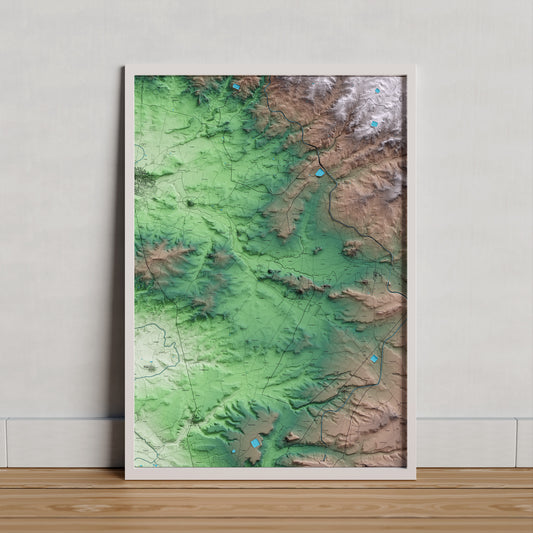 Mapa artístico del relieve de Ossó de Sió, al Urgell, con 15 km de entorno y base topográfica ICGC. Presentación enmarcada.