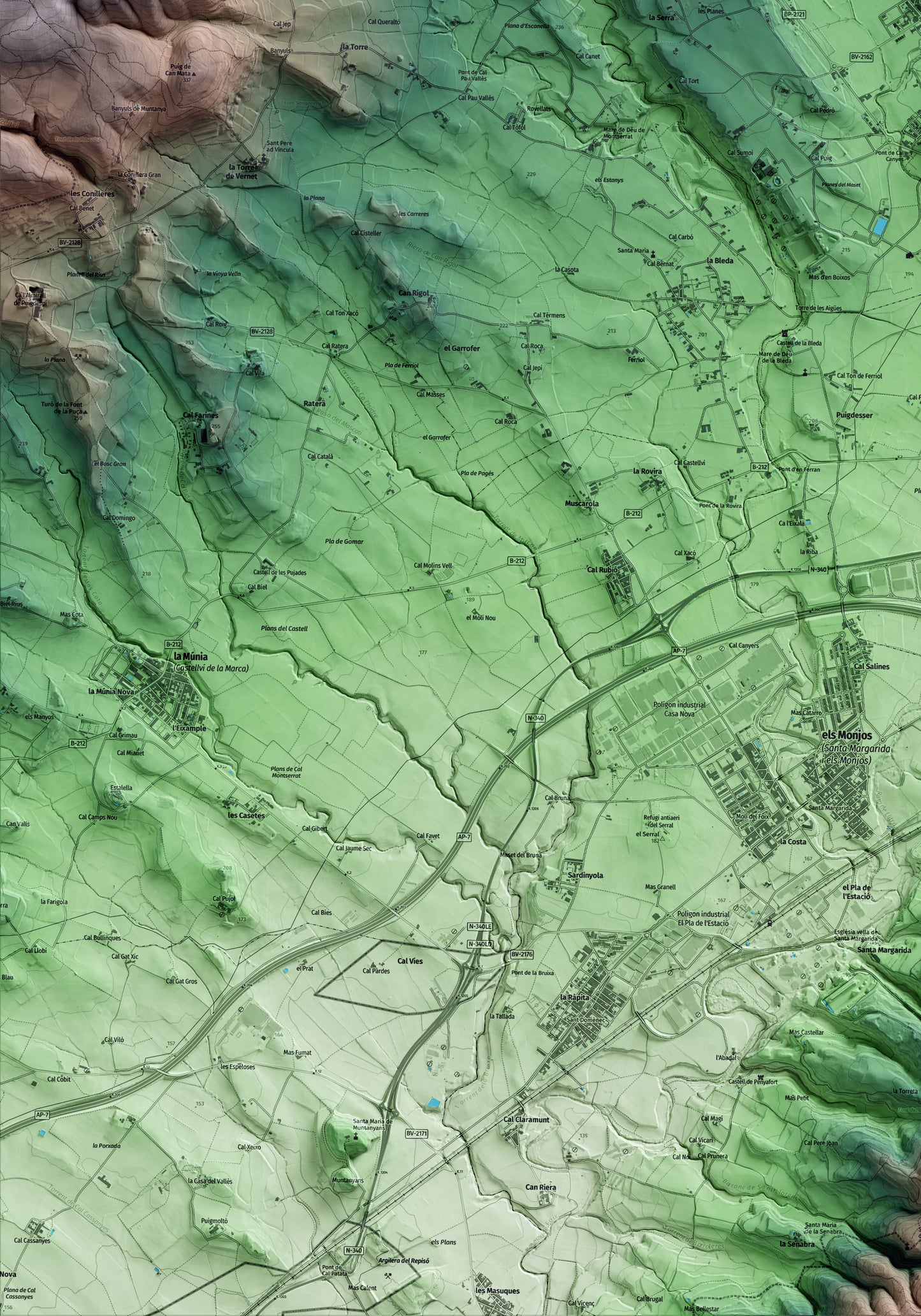 Mapa artístico del relieve de Pacs del Penedès, al Alt Penedès, con 15 km de entorno y base topográfica ICGC. Detalle de la zona inferior izquierda.
