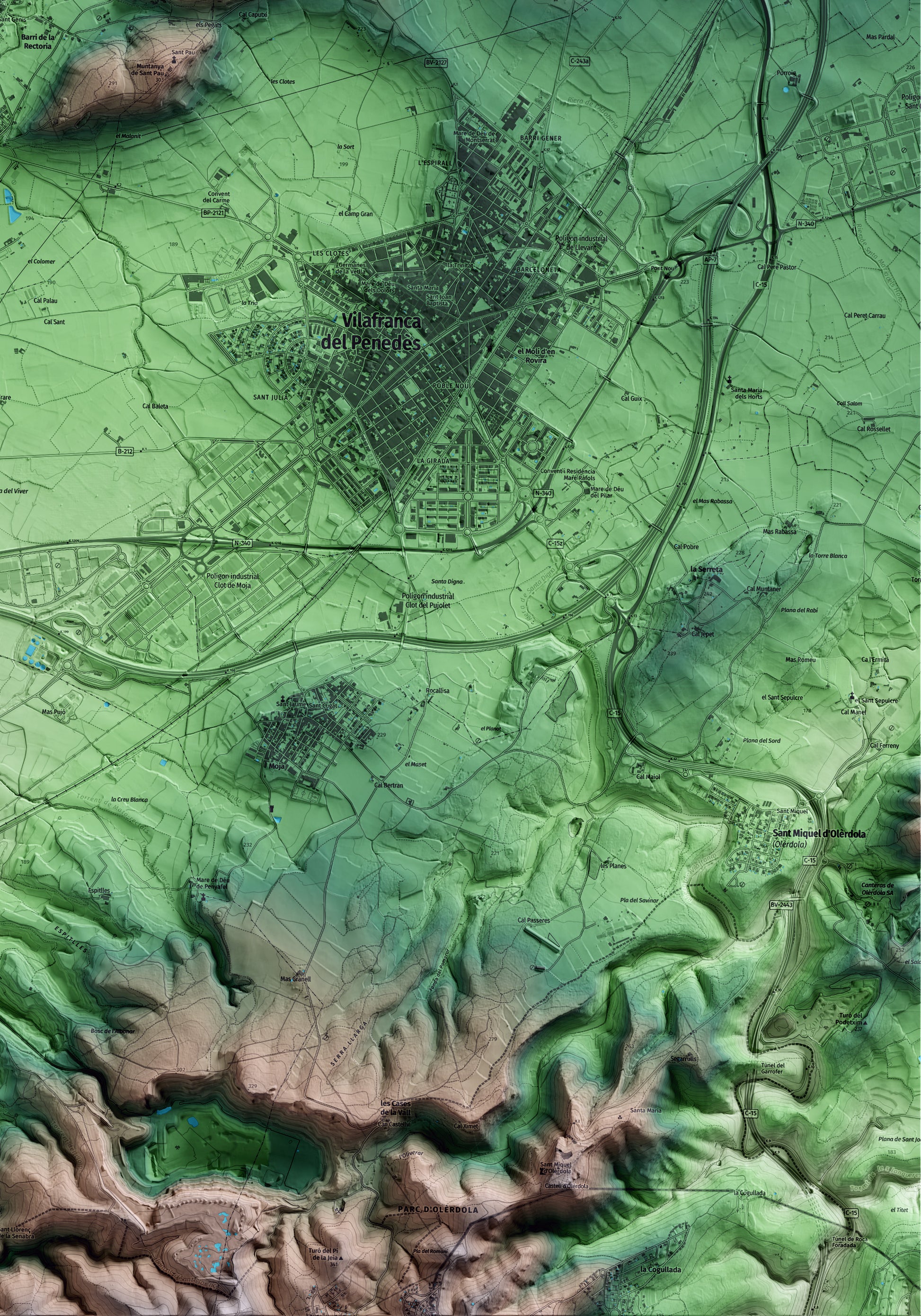 Mapa artístico del relieve de Pacs del Penedès, al Alt Penedès, con 15 km de entorno y base topográfica ICGC. Detalle de la zona inferior derecha.