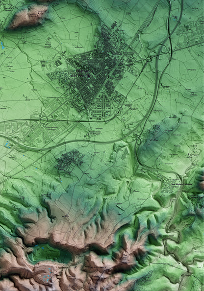 Mapa artístico del relieve de Pacs del Penedès, al Alt Penedès, con 15 km de entorno y base topográfica ICGC. Detalle de la zona inferior derecha.