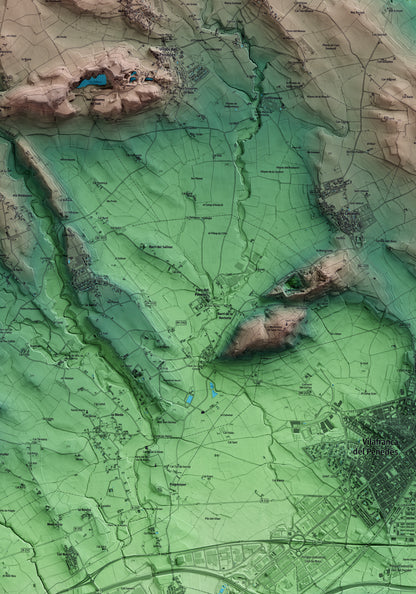 Mapa artístico del relieve de Pacs del Penedès, al Alt Penedès, con 15 km de entorno y base topográfica ICGC. Detalle de la zona central.