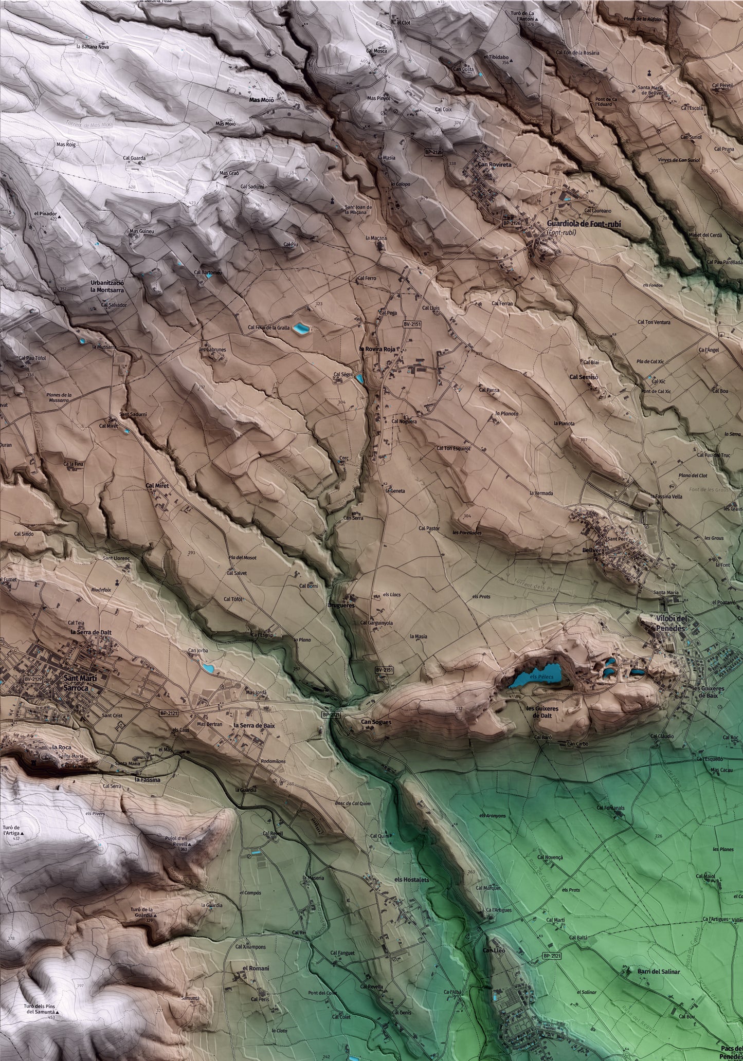 Mapa artístico del relieve de Pacs del Penedès, al Alt Penedès, con 15 km de entorno y base topográfica ICGC. Detalle de la zona superior izquierda.