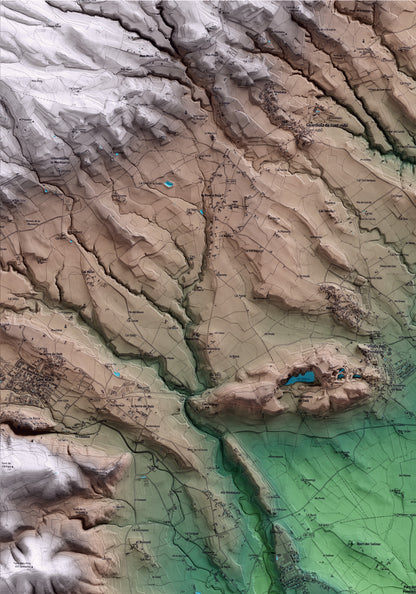Mapa artístico del relieve de Pacs del Penedès, al Alt Penedès, con 15 km de entorno y base topográfica ICGC. Detalle de la zona superior izquierda.