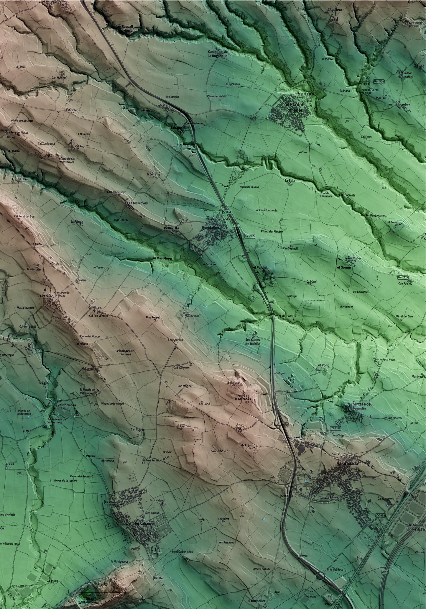 Mapa artístico del relieve de Pacs del Penedès, al Alt Penedès, con 15 km de entorno y base topográfica ICGC. Detalle de la zona superior derecha.