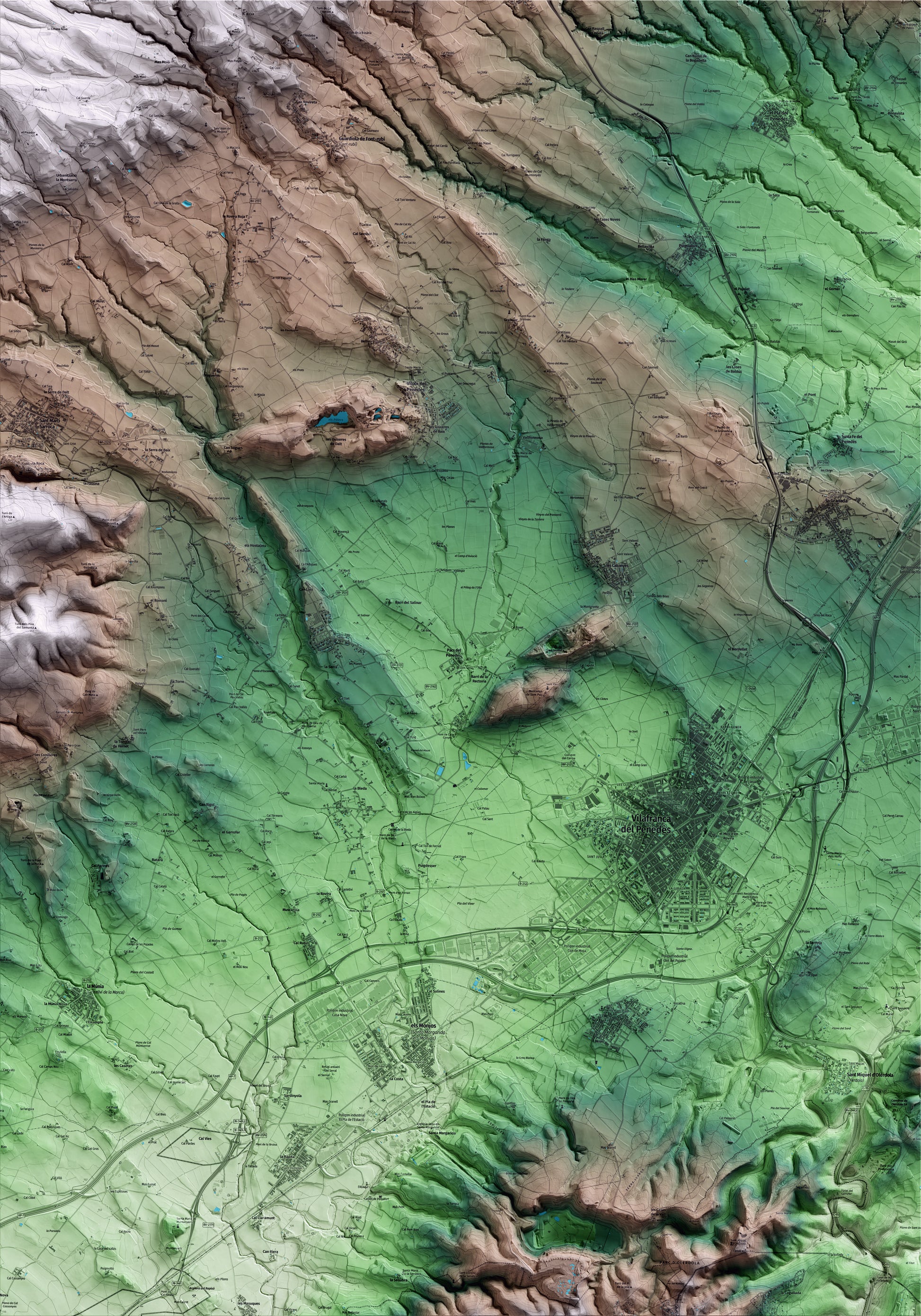 Mapa artístico del relieve de Pacs del Penedès, al Alt Penedès, con 15 km de entorno y base topográfica ICGC