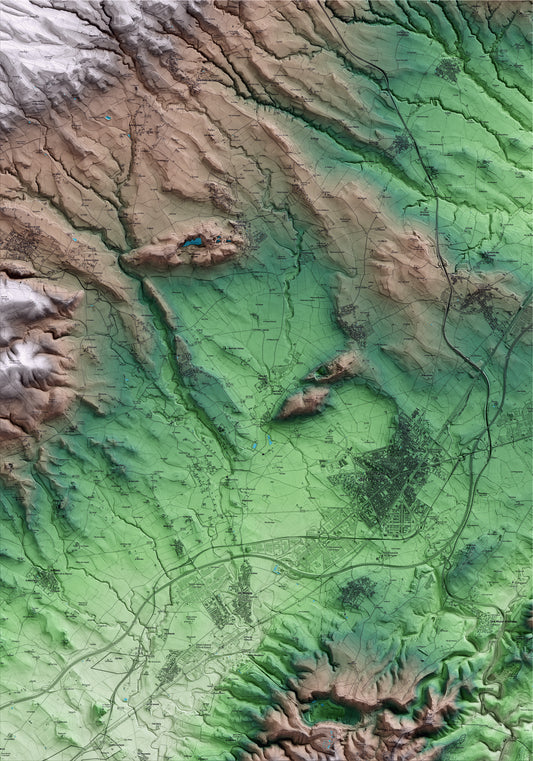 Mapa artístico del relieve de Pacs del Penedès, al Alt Penedès, con 15 km de entorno y base topográfica ICGC