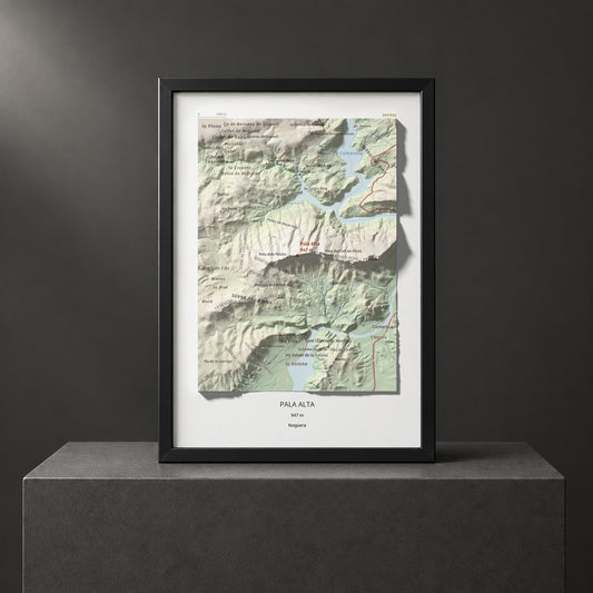 Mapa de relieve de Pala Alta, 947 m, Noguera, lámina 100 Cims de Trobart. Presentación enmarcada. 21 × 30 cm.