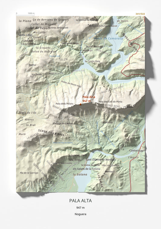 Mapa de relieve de Pala Alta, 947 m, Noguera, lámina 100 Cims de Trobart 21 × 30 cm.