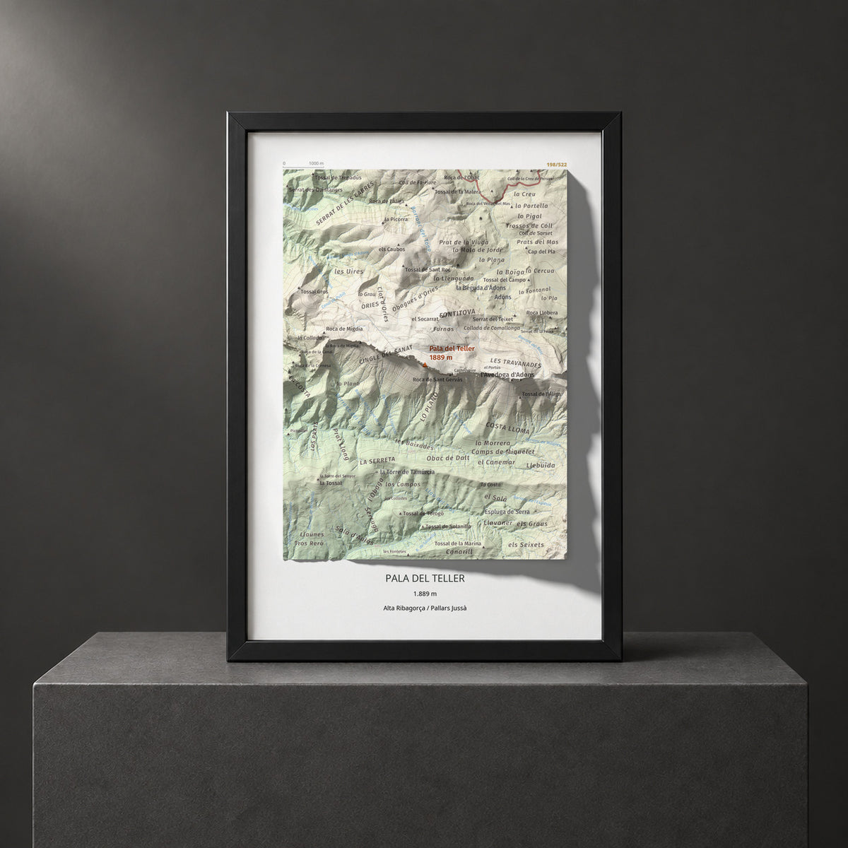 Mapa de relieve de Pala del Teller, 1889 m, Alta Ribagorça · Pallars Jussà, lámina 100 Cims de Trobart. Presentación enmarcada. 21 × 30 cm.