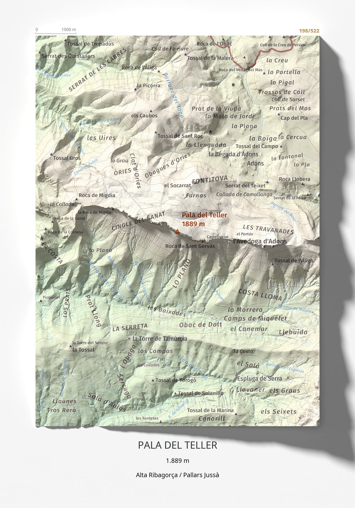 Mapa de relieve de Pala del Teller, 1889 m, Alta Ribagorça · Pallars Jussà, lámina 100 Cims de Trobart 21 × 30 cm.