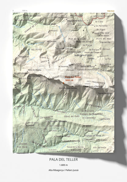 Mapa de relieve de Pala del Teller, 1889 m, Alta Ribagorça · Pallars Jussà, lámina 100 Cims de Trobart 21 × 30 cm.