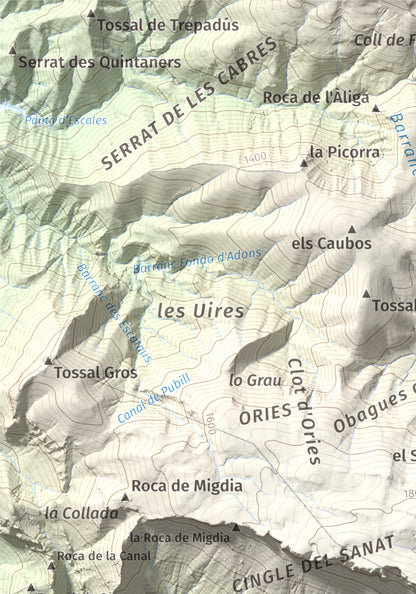 Mapa de relieve de Pala del Teller, 1889 m, Alta Ribagorça · Pallars Jussà, lámina 100 Cims de Trobart. Detalle de la zona superior izquierda. 21 × 30 cm.