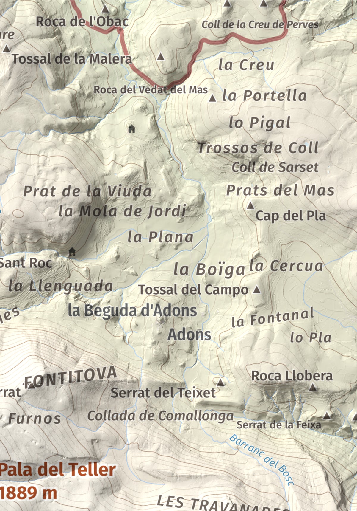 Mapa de relieve de Pala del Teller, 1889 m, Alta Ribagorça · Pallars Jussà, lámina 100 Cims de Trobart. Detalle de la zona superior derecha. 21 × 30 cm.