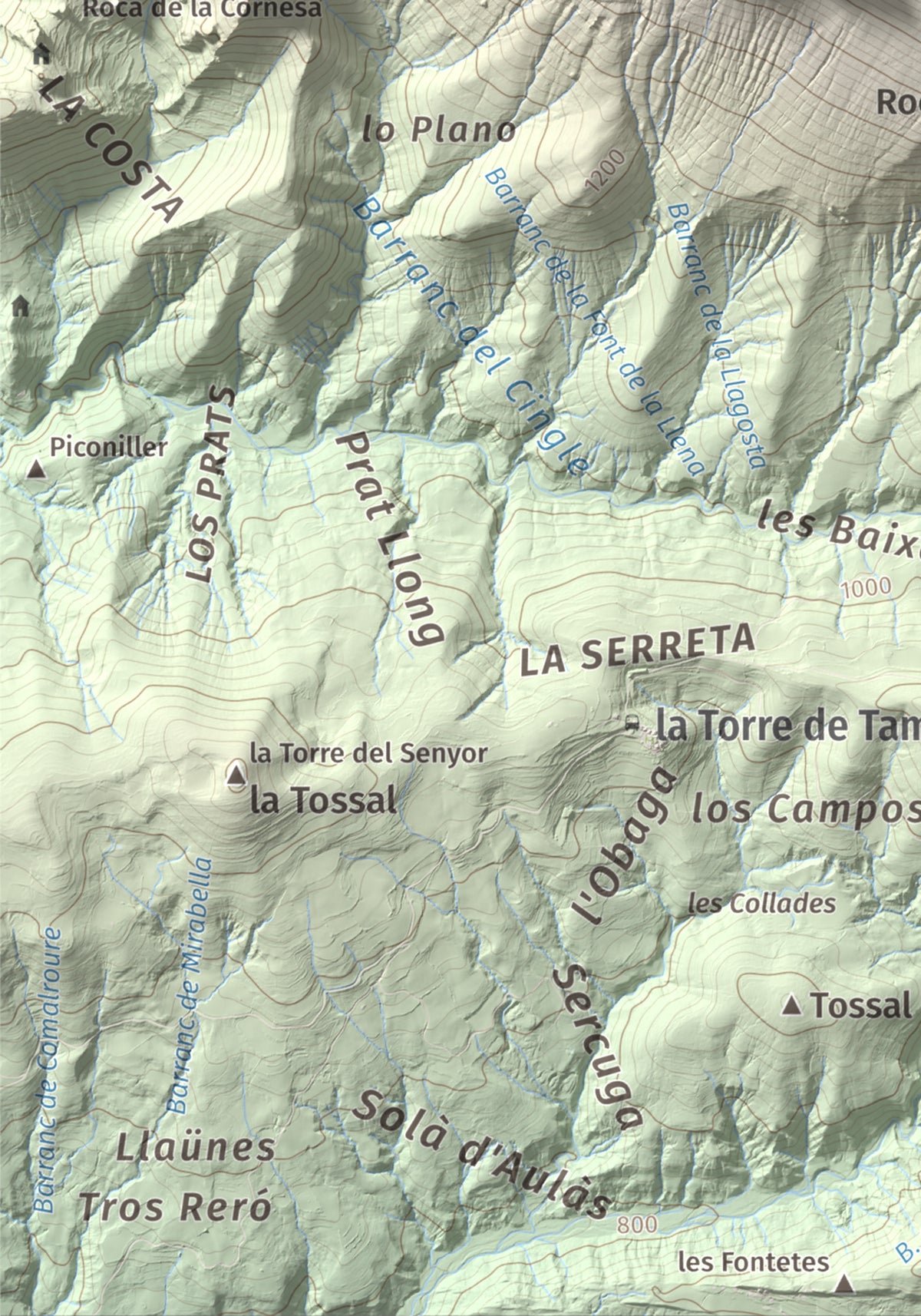 Mapa de relieve de Pala del Teller, 1889 m, Alta Ribagorça · Pallars Jussà, lámina 100 Cims de Trobart. Detalle de la zona inferior izquierda. 21 × 30 cm.