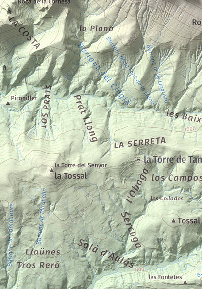 Mapa de relieve de Pala del Teller, 1889 m, Alta Ribagorça · Pallars Jussà, lámina 100 Cims de Trobart. Detalle de la zona inferior izquierda. 21 × 30 cm.