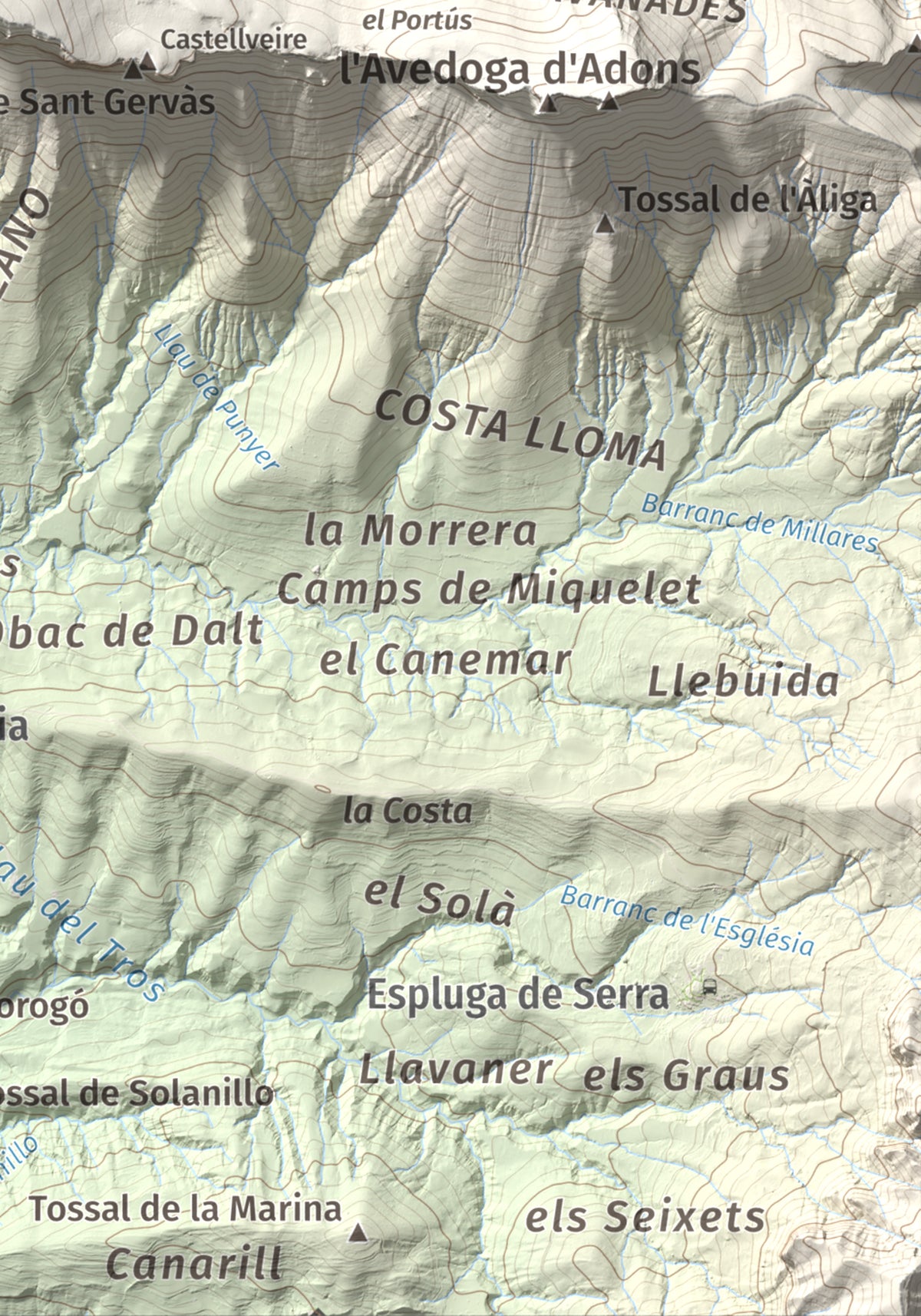 Mapa de relieve de Pala del Teller, 1889 m, Alta Ribagorça · Pallars Jussà, lámina 100 Cims de Trobart. Detalle de la zona inferior derecha. 21 × 30 cm.