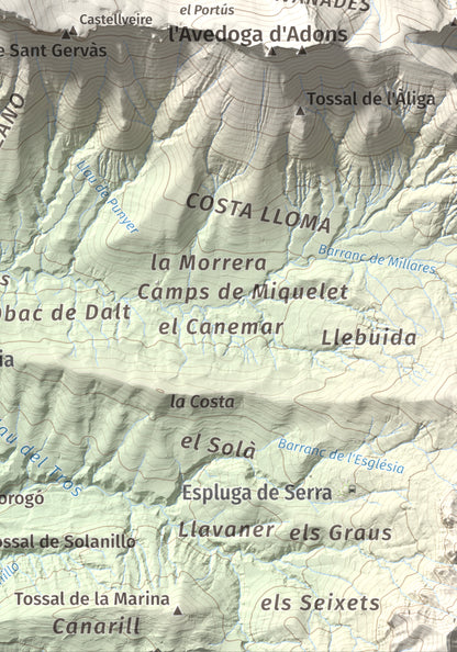 Mapa de relieve de Pala del Teller, 1889 m, Alta Ribagorça · Pallars Jussà, lámina 100 Cims de Trobart. Detalle de la zona inferior derecha. 21 × 30 cm.