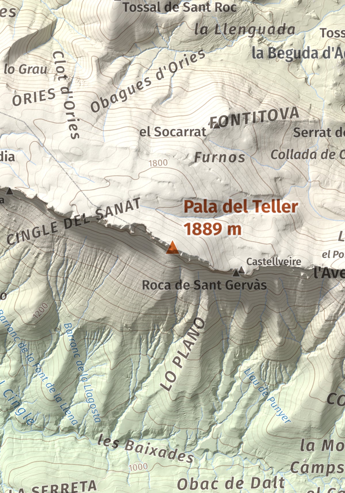 Mapa de relieve de Pala del Teller, 1889 m, Alta Ribagorça · Pallars Jussà, lámina 100 Cims de Trobart. Detalle de la zona central. 21 × 30 cm.