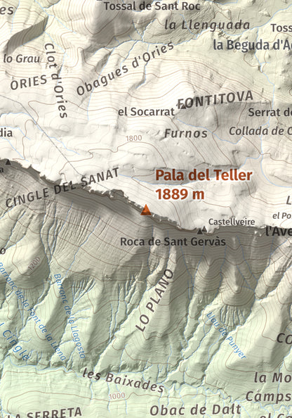 Mapa de relieve de Pala del Teller, 1889 m, Alta Ribagorça · Pallars Jussà, lámina 100 Cims de Trobart. Detalle de la zona central. 21 × 30 cm.