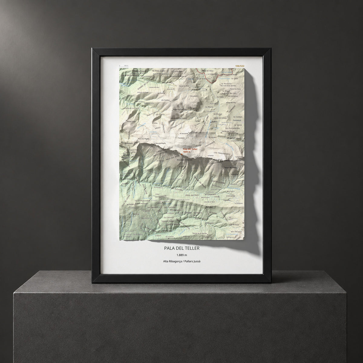 Mapa de relieve de Pala del Teller, 1889 m, Alta Ribagorça · Pallars Jussà, lámina 100 Cims de Trobart. Presentación enmarcada. 30 × 40 cm.