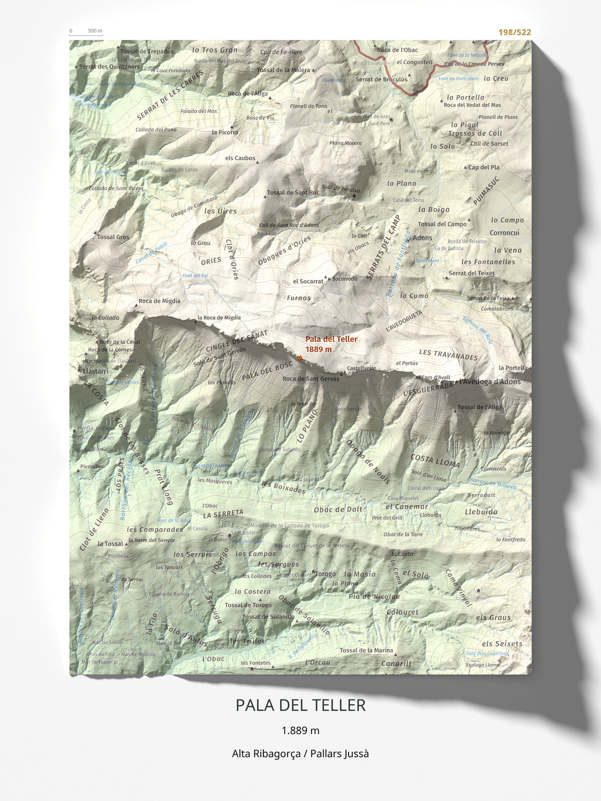 Mapa de relieve de Pala del Teller, 1889 m, Alta Ribagorça · Pallars Jussà, lámina 100 Cims de Trobart 30 × 40 cm.