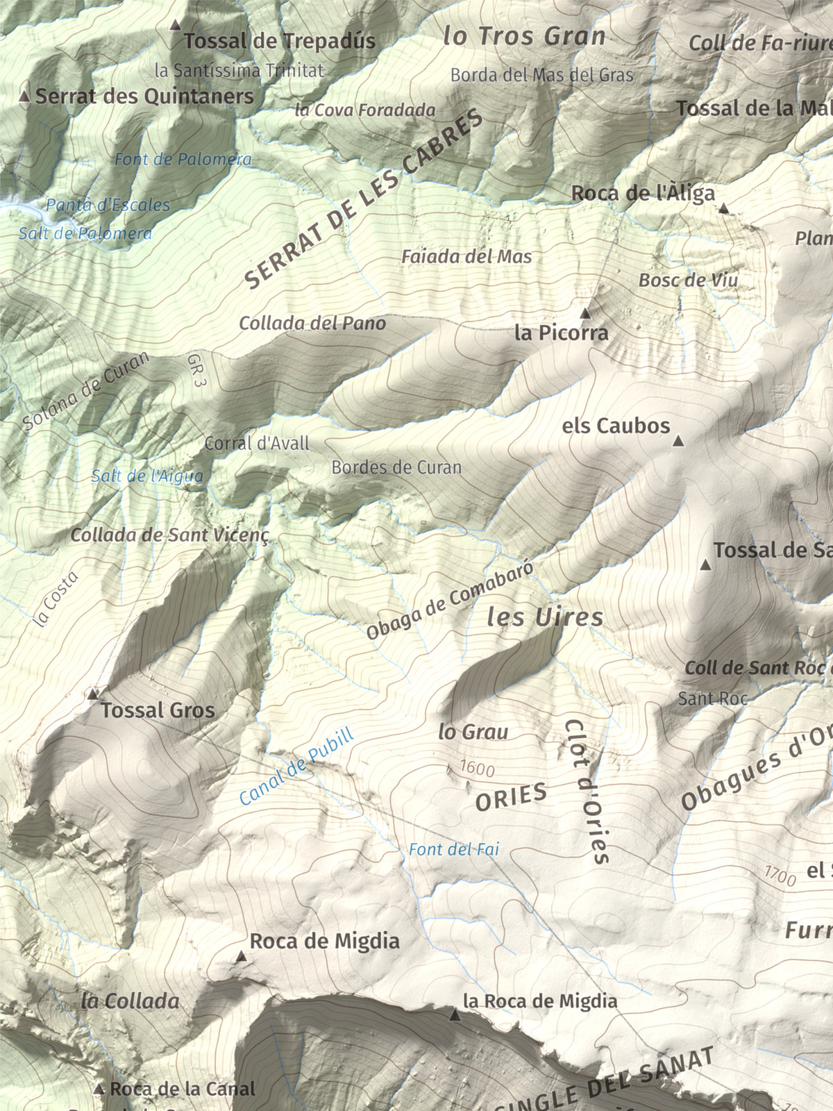 Mapa de relieve de Pala del Teller, 1889 m, Alta Ribagorça · Pallars Jussà, lámina 100 Cims de Trobart. Detalle de la zona superior izquierda. 30 × 40 cm.