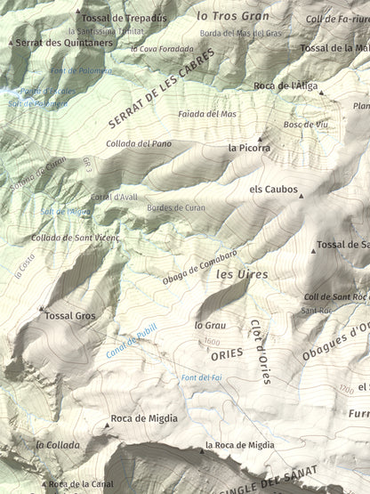 Mapa de relieve de Pala del Teller, 1889 m, Alta Ribagorça · Pallars Jussà, lámina 100 Cims de Trobart. Detalle de la zona superior izquierda. 30 × 40 cm.