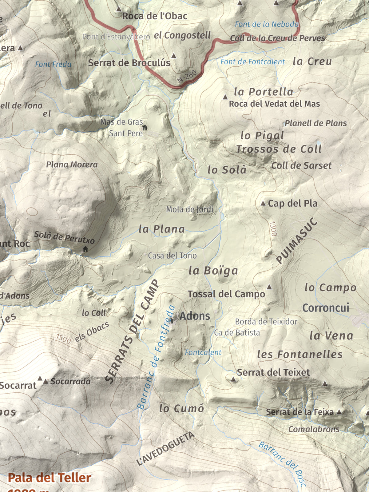 Mapa de relieve de Pala del Teller, 1889 m, Alta Ribagorça · Pallars Jussà, lámina 100 Cims de Trobart. Detalle de la zona superior derecha. 30 × 40 cm.