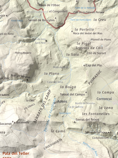 Mapa de relieve de Pala del Teller, 1889 m, Alta Ribagorça · Pallars Jussà, lámina 100 Cims de Trobart. Detalle de la zona superior derecha. 30 × 40 cm.