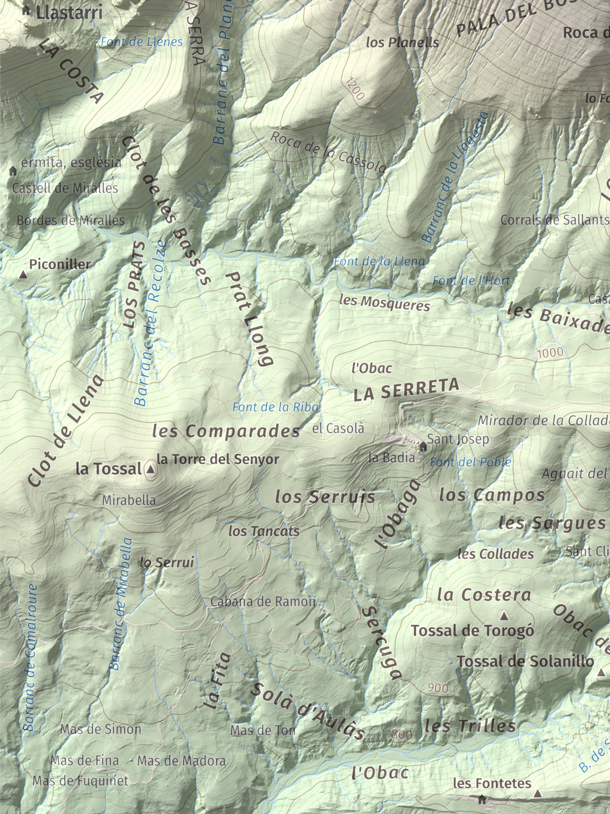 Mapa de relieve de Pala del Teller, 1889 m, Alta Ribagorça · Pallars Jussà, lámina 100 Cims de Trobart. Detalle de la zona inferior izquierda. 30 × 40 cm.